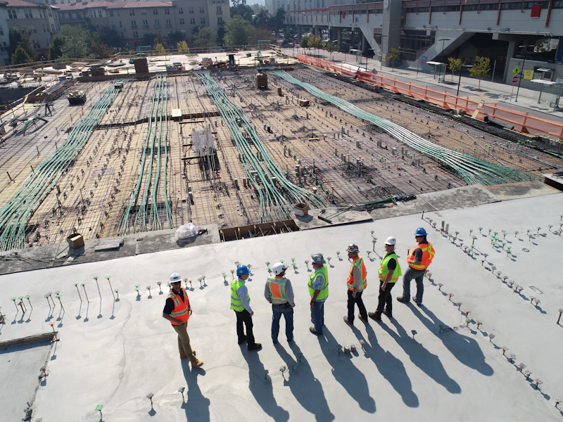 Equipo de obra con chalecos y cascos revisando la losa de un proyecto en curso